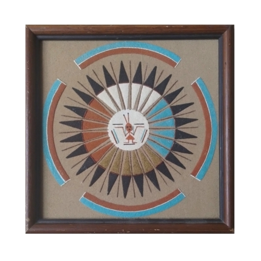Vintage Southwestern Sand Painting Sun & Eagle | Framed 1960s Art